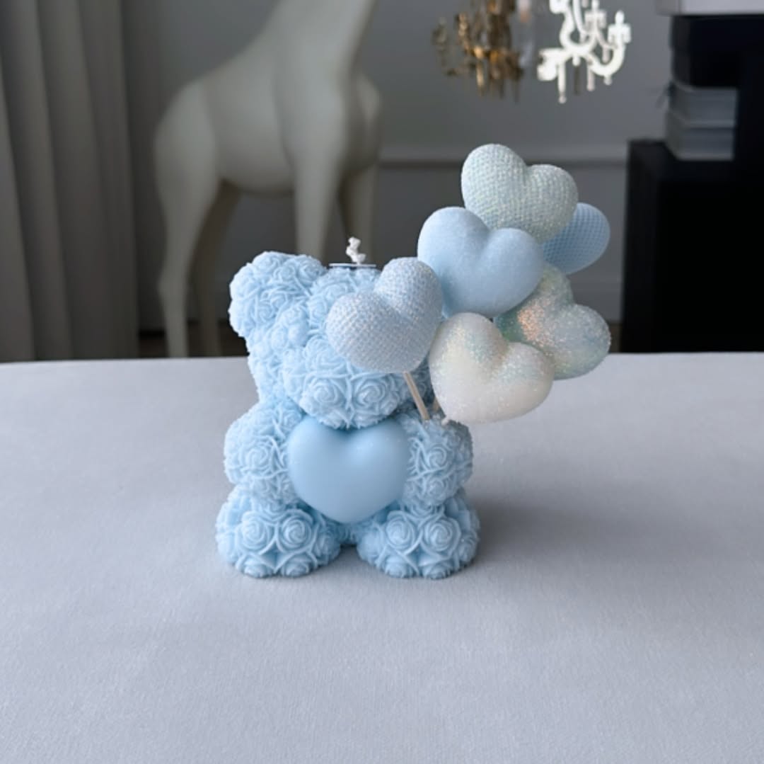 Blue Teddy with Hearts Candle Big Teddy Bear Candle Valentine's Day Bi