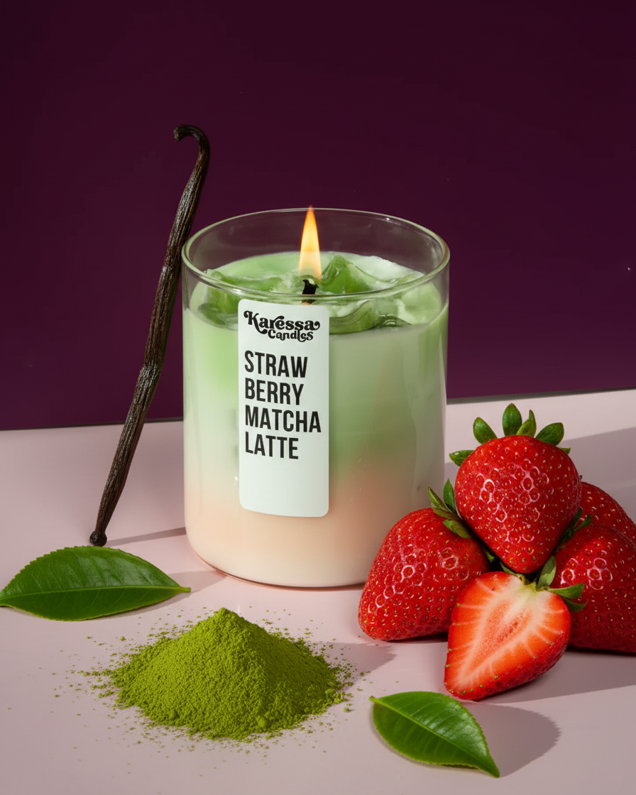 strawberry matcha latte candle iced handmade india karessa candles