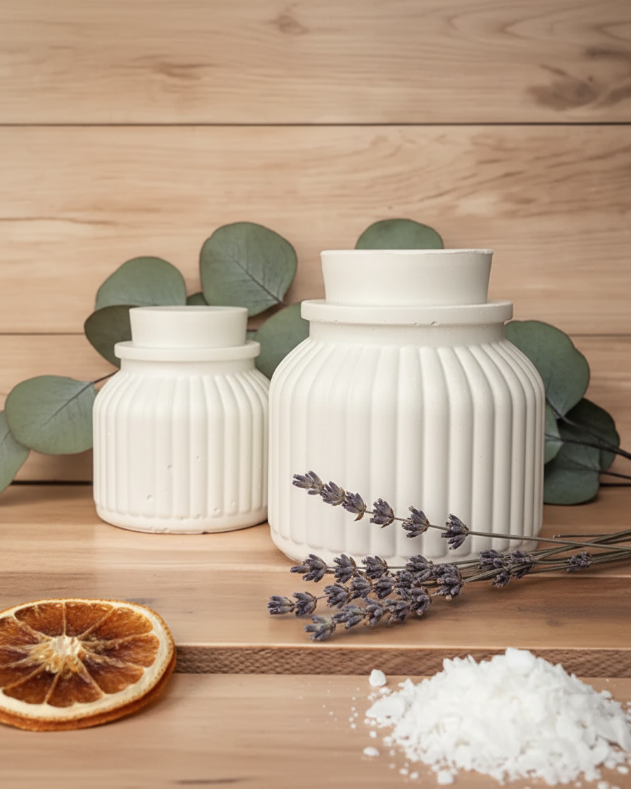 concrete striped candle jar with lid geometric soy wax india karessa candles