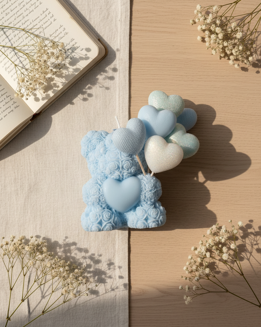 blue teddy with hearts candle big valentines luxury gift india karessa candles