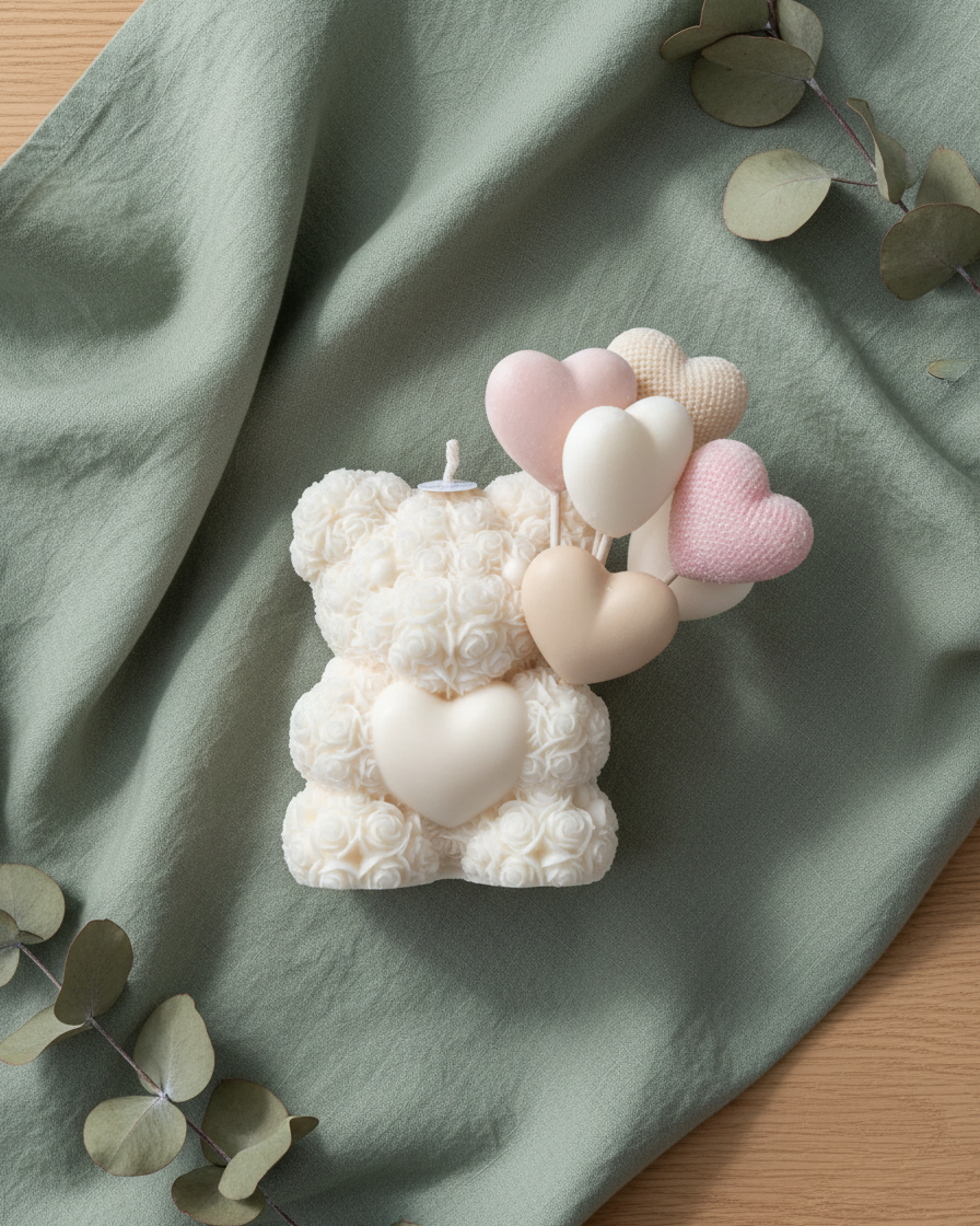 Candle shaped like a bear with balloon decorations on a green fabric background