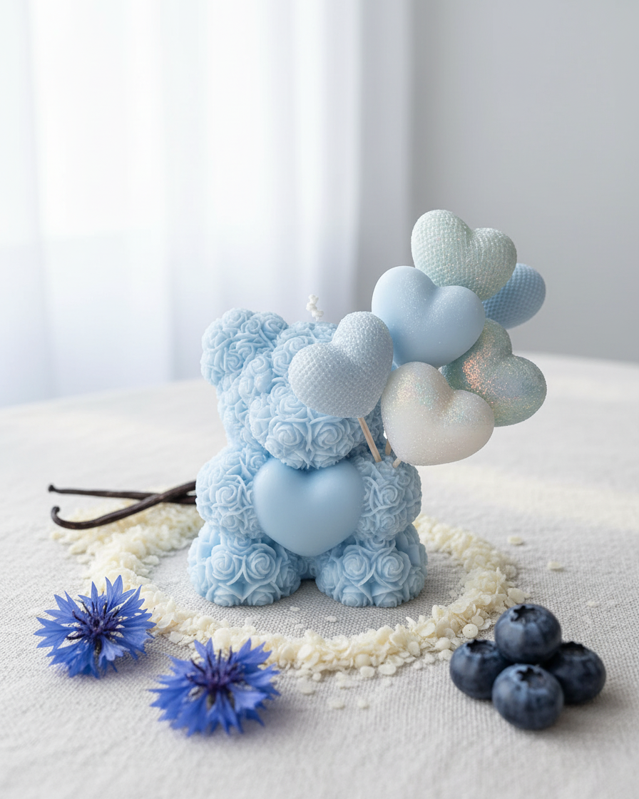 blue teddy with hearts candle big valentines luxury gift india karessa candles