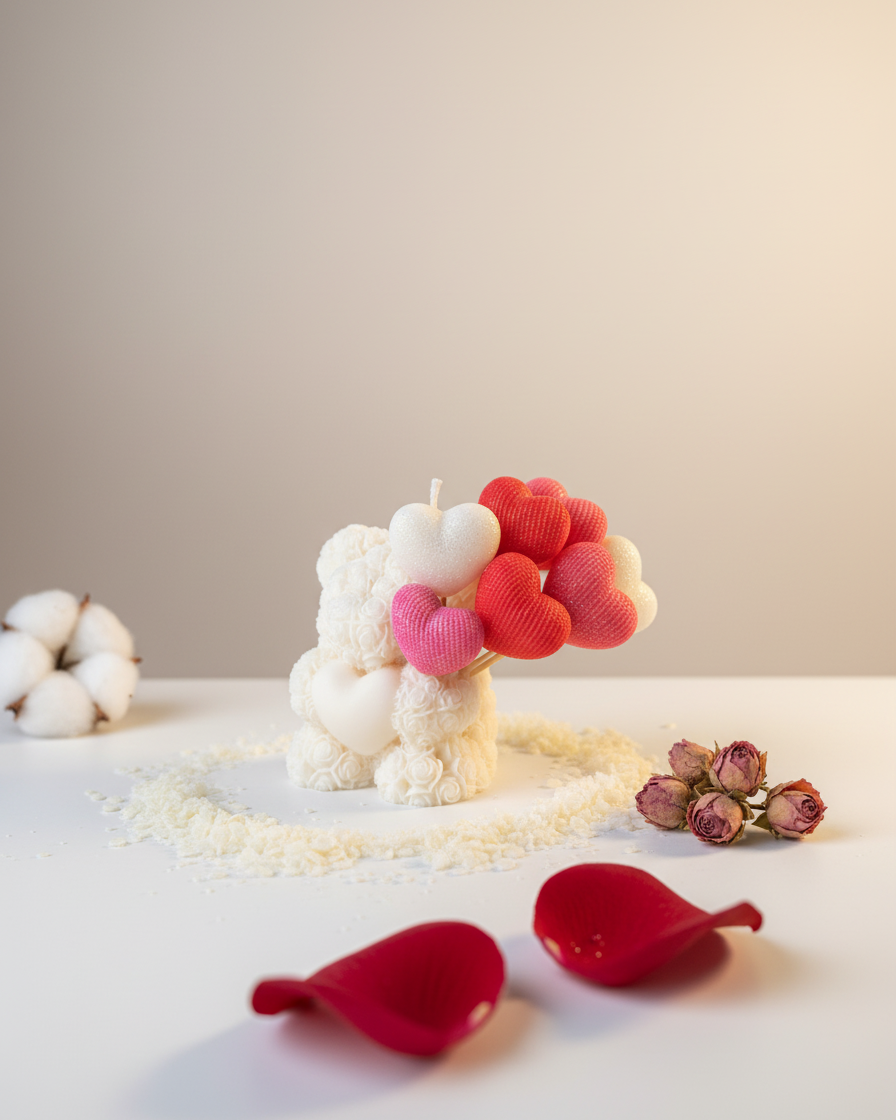 Decorative candle with pink and red floral design on a white surface with cotton and dried flowers.