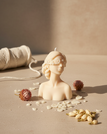blindfold lady sculpture soy wax candle floral art india karessa candles
