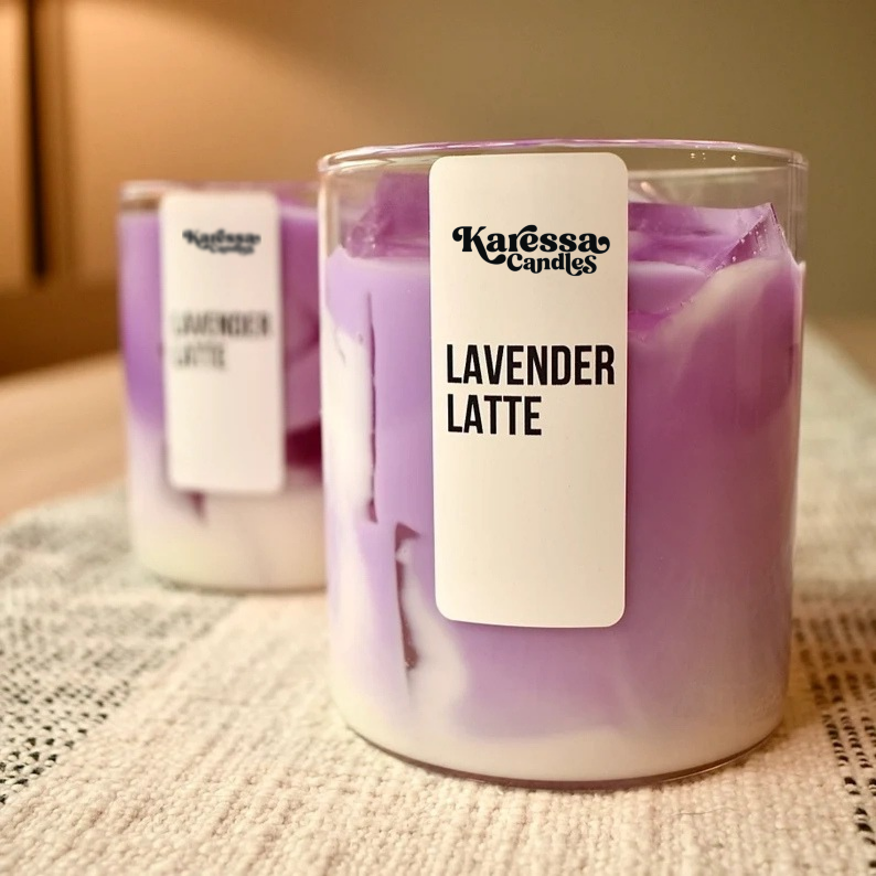 "Custom iced lavender latte candle by Karessa Candles, hand-poured with lavender and citrus notes, perfect for relaxation and home décor."