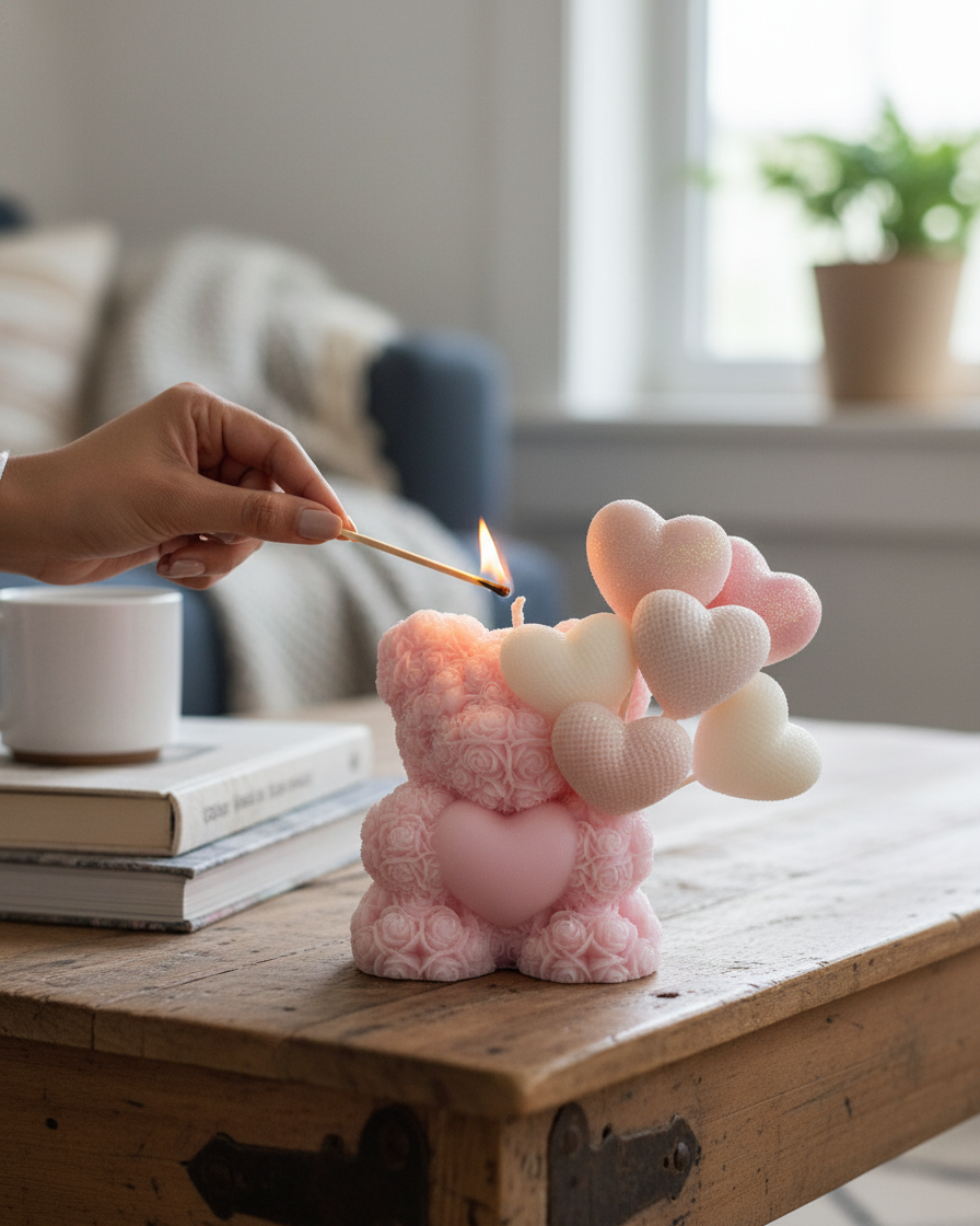 Person lighting a pink bear-shaped candle on a wooden table.