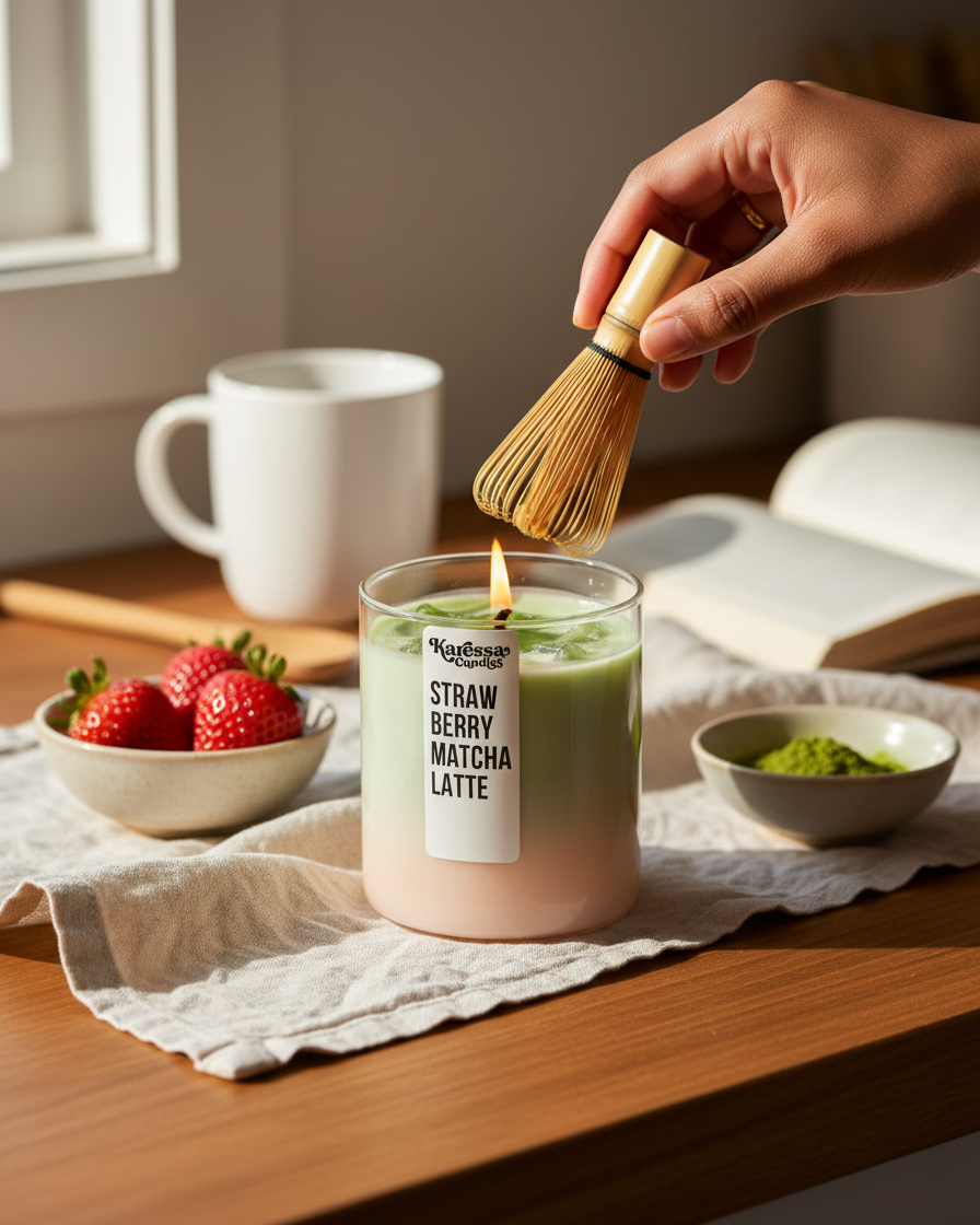 strawberry matcha latte candle iced handmade india karessa candles