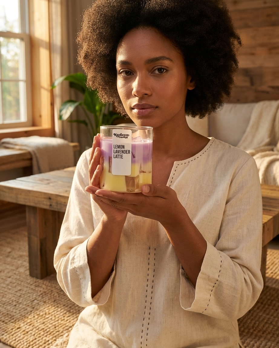Woman holding candle in a cozy indoor setting