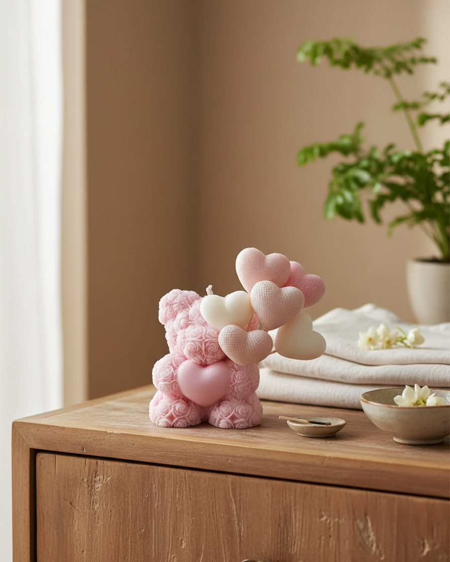 Pink teddy bear-shaped candle on a wooden surface with a plant and towels in the background.