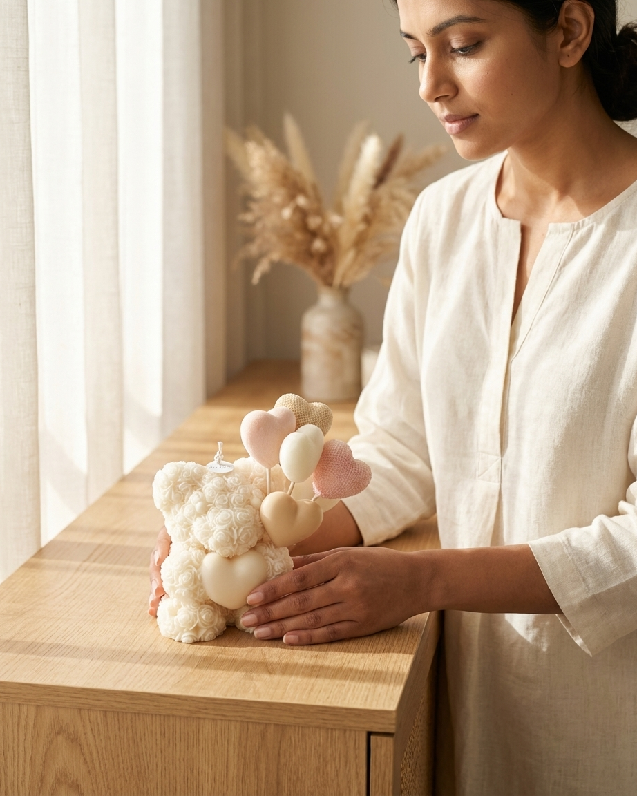 Woman in a white shirt interacting with decorative teddey bear candle on a wooden surface.