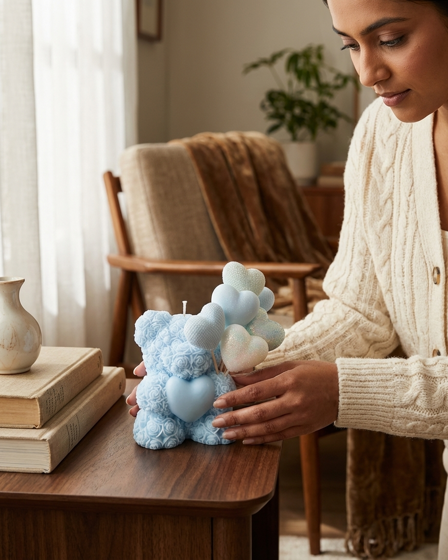 Woman holding a blue bear-shaped candle with white balloons on a wooden table.