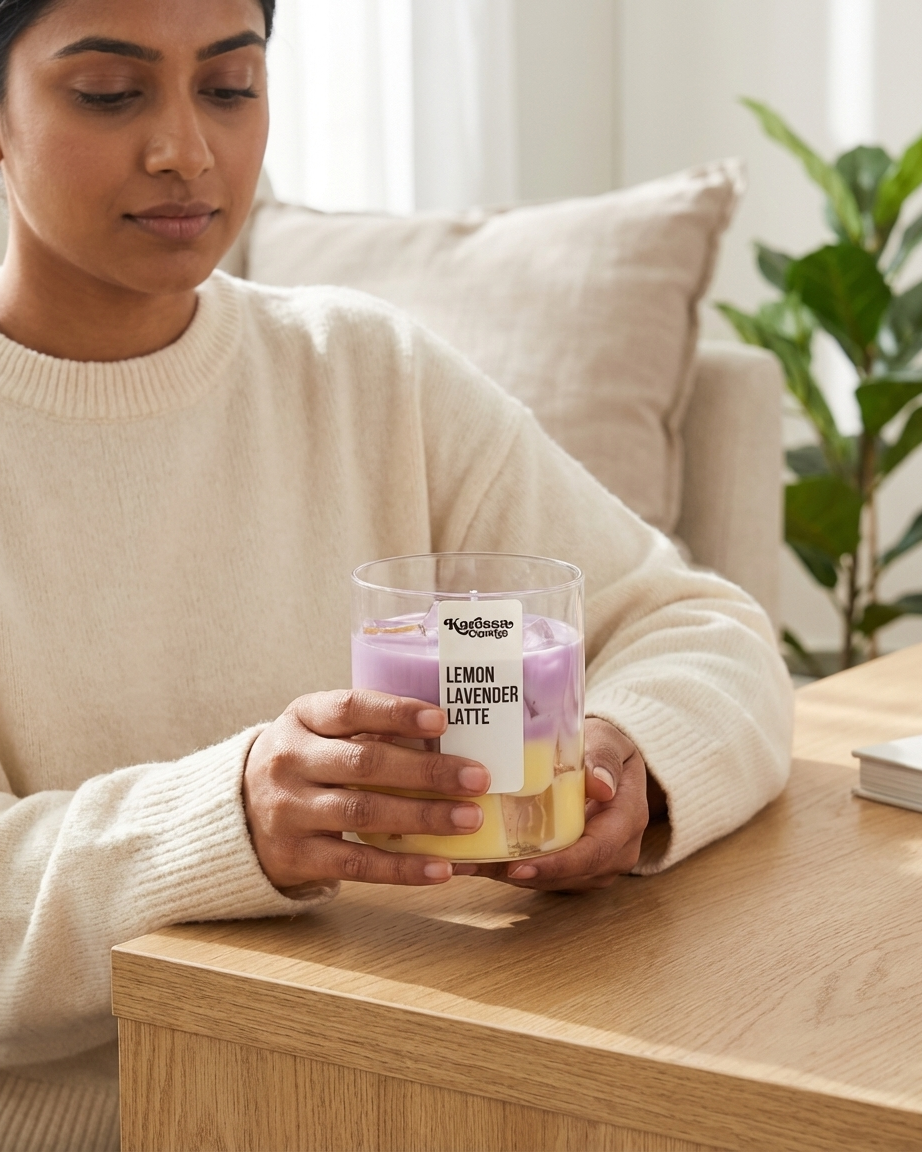 Woman holding a scented candle labeled 'Lemon Lavender Latte' in a home setting.