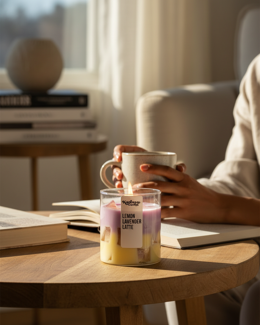 iced lemon lavender latte candle zesty calming india karessa candles