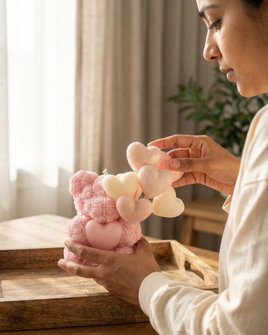Pink Teddy with Hearts Candle India | Big Valentine Gift | Karessa