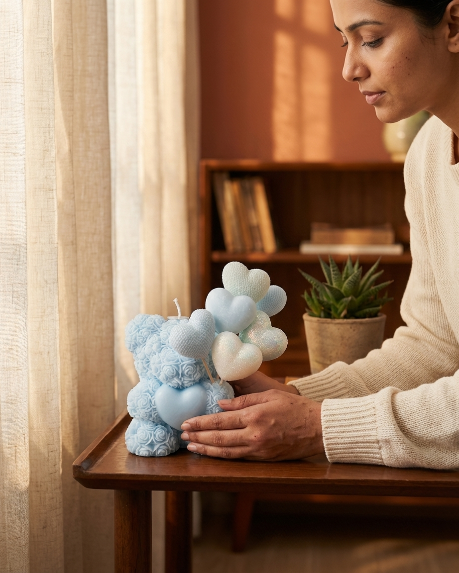 Woman holding a decorative candle shaped like a teddy bear and balloons on a wooden table.