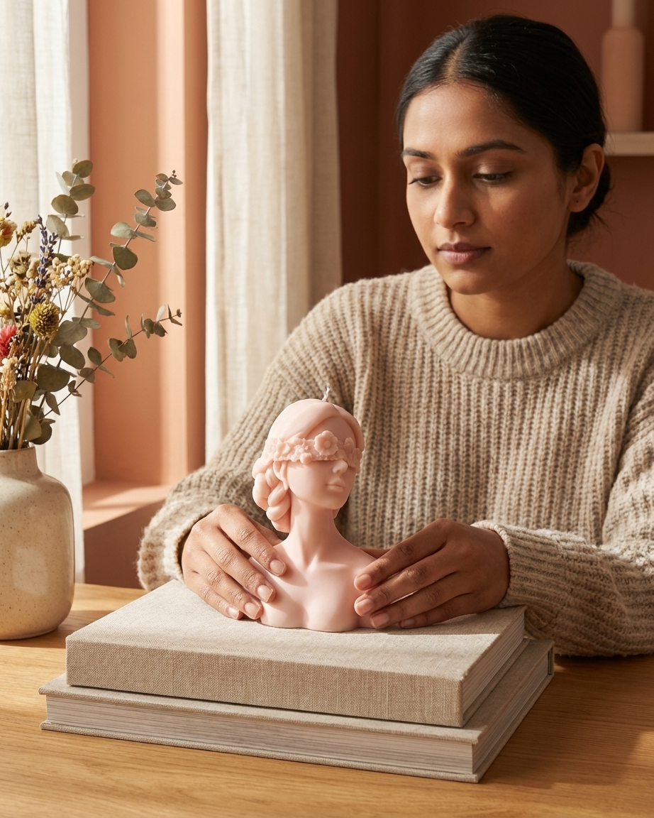 blindfold lady sculpture soy wax candle floral art india karessa candles