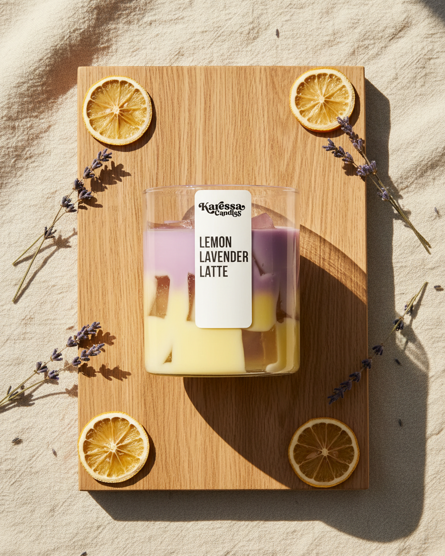 iced lemon lavender latte candle zesty calming india karessa candles