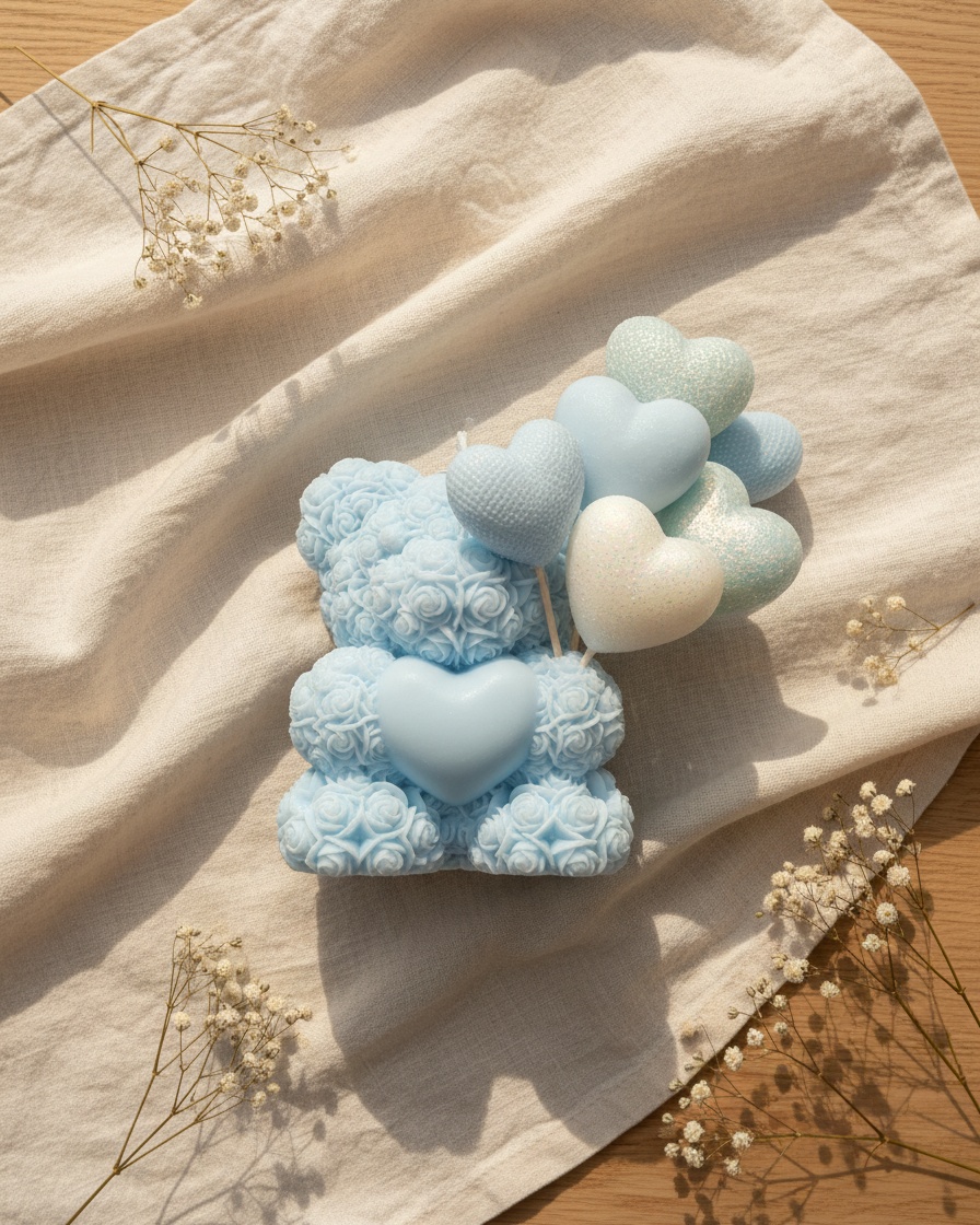 Blue decorative bear candle with heart shapes on a beige fabric background