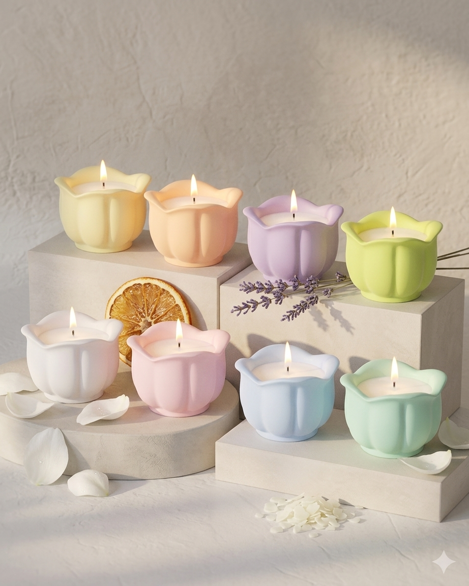 flower shaped concrete candle jar gypsum vessel empty empty open vessel Diwali gifting home decor India