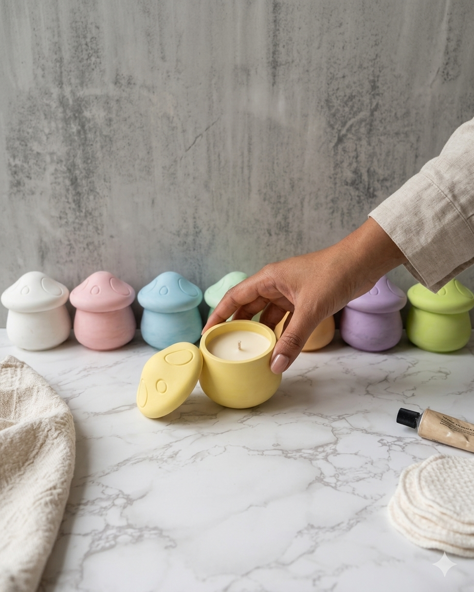 mushroom shaped concrete candle jar gypsum vessel empty with lid sealed gift ready gypsum concrete candle supplies India