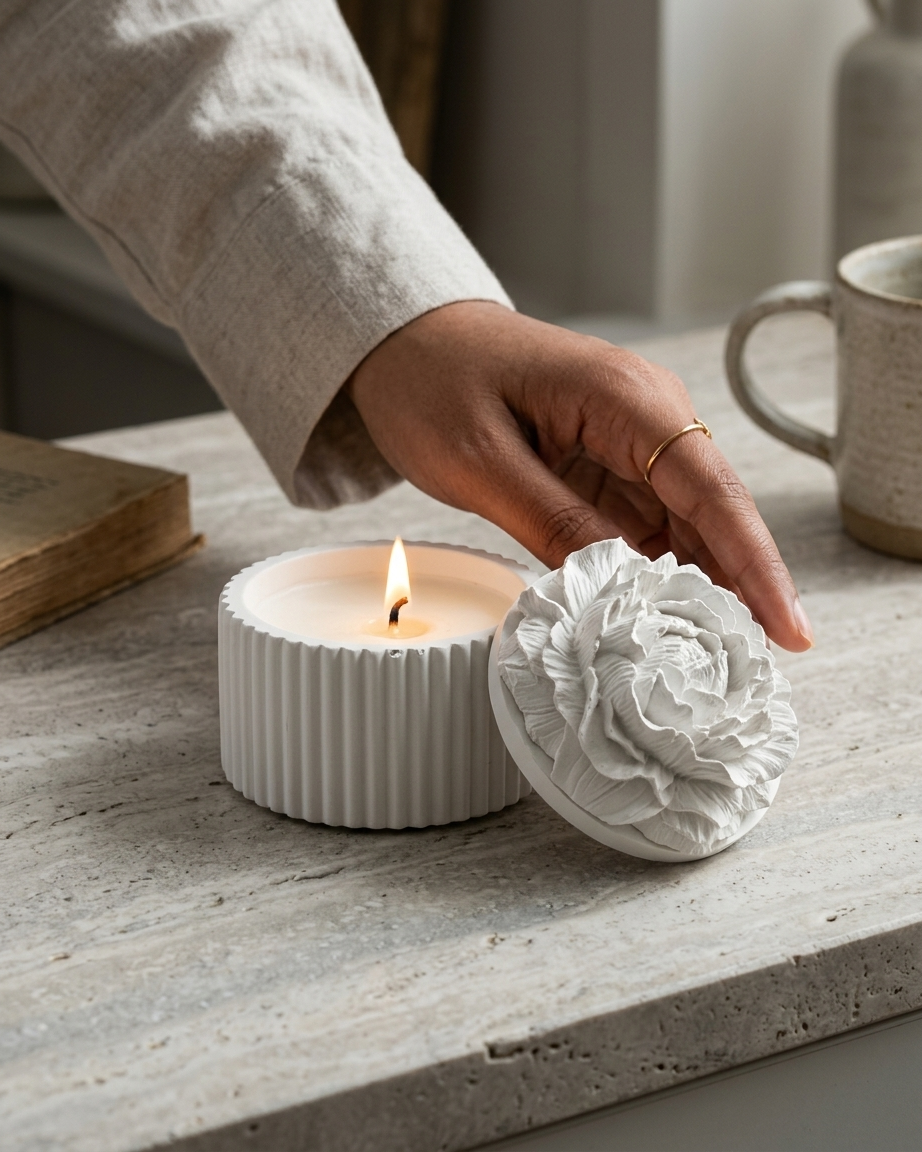 flower lid decorative concrete candle jar gypsum vessel empty with lid sealed gift ready Diwali gifting home decor India