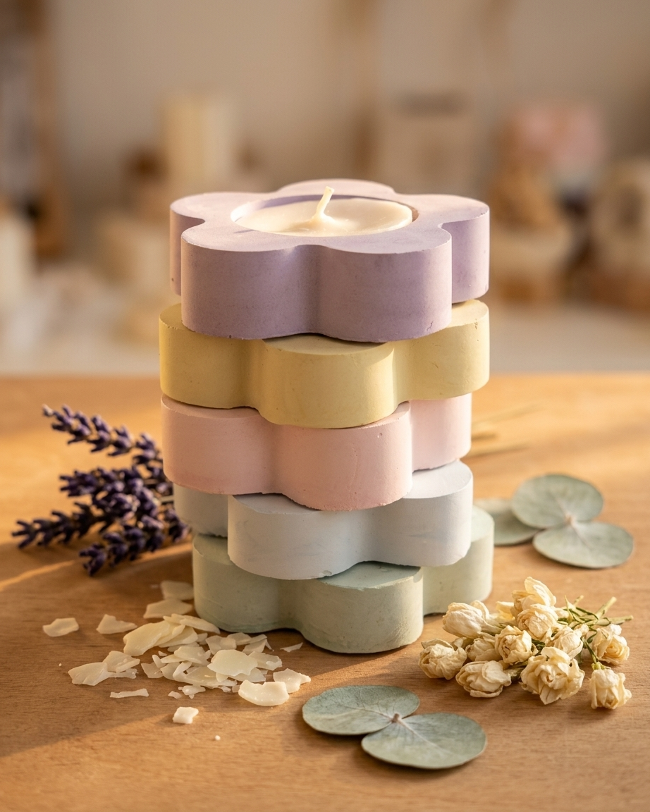 Flower shaped concrete gypsum tealight holder candle jar India floral decor Diwali wholesale