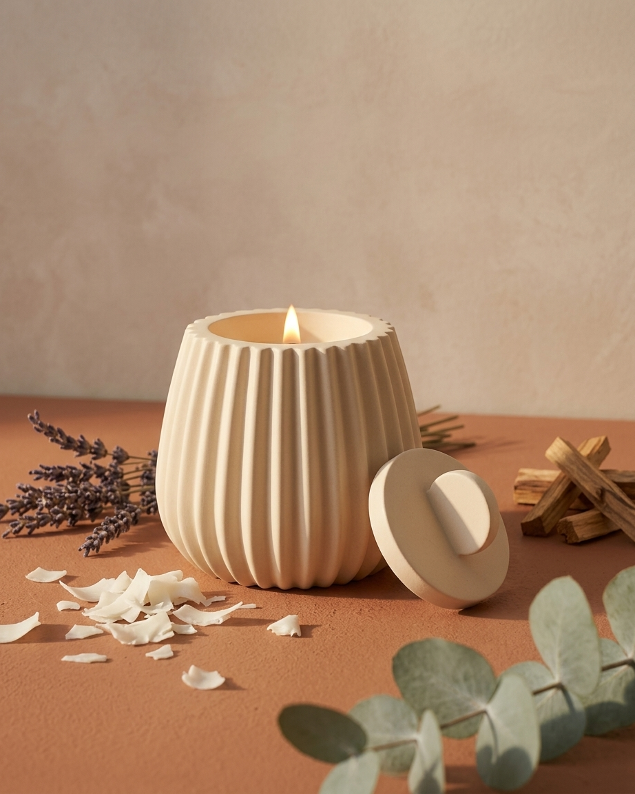 fluted bell shaped concrete candle jar gypsum vessel empty with lid sealed gift ready Diwali gifting home decor India