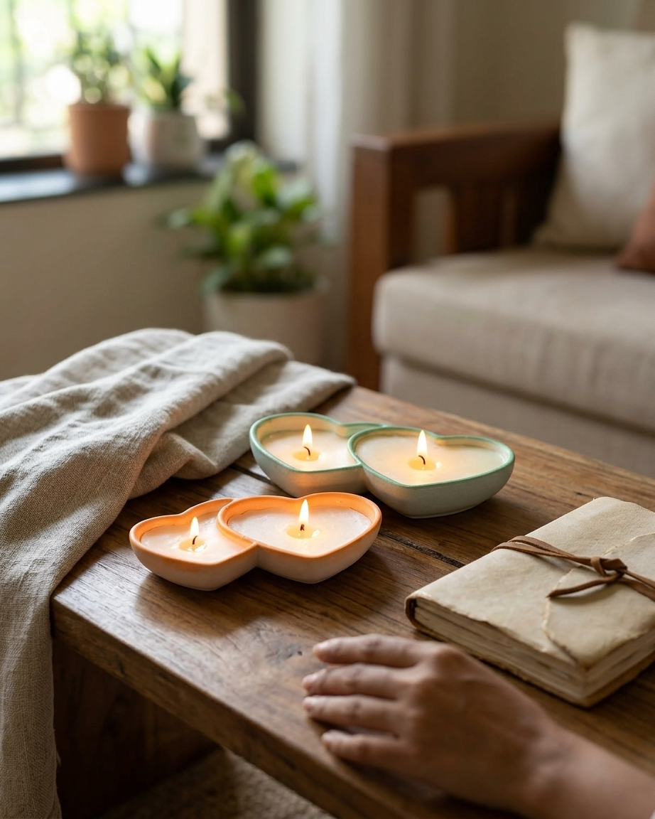 Double heart concrete gypsum candle bowl India Valentine gifting romantic decor vessel wholesale