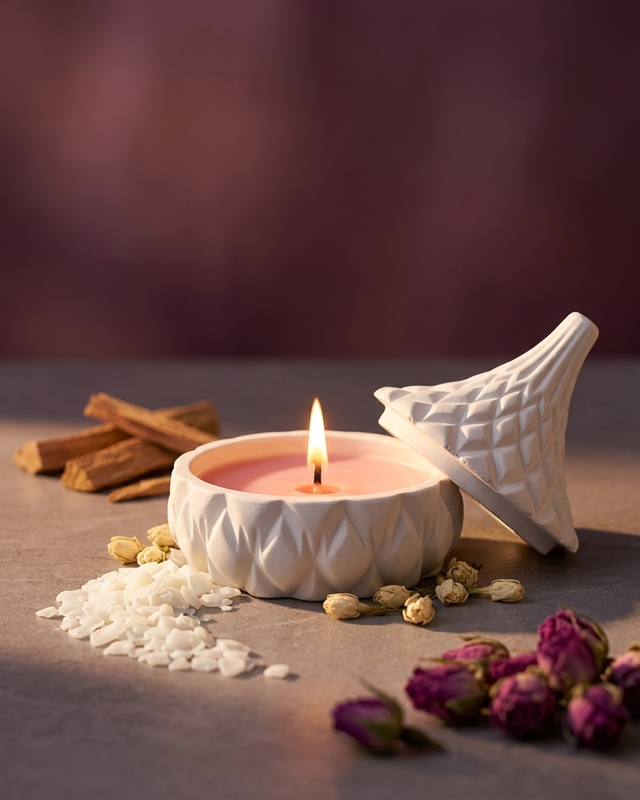 Concrete gypsum candle jar dome lid India faceted lidded vessel DIY soy wax wholesale bulk