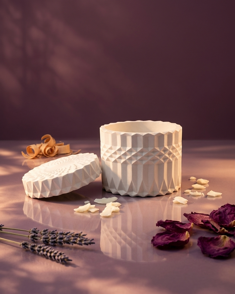 Geometric concrete gypsum candle jar with lid India faceted lidded vessel DIY candle wholesale