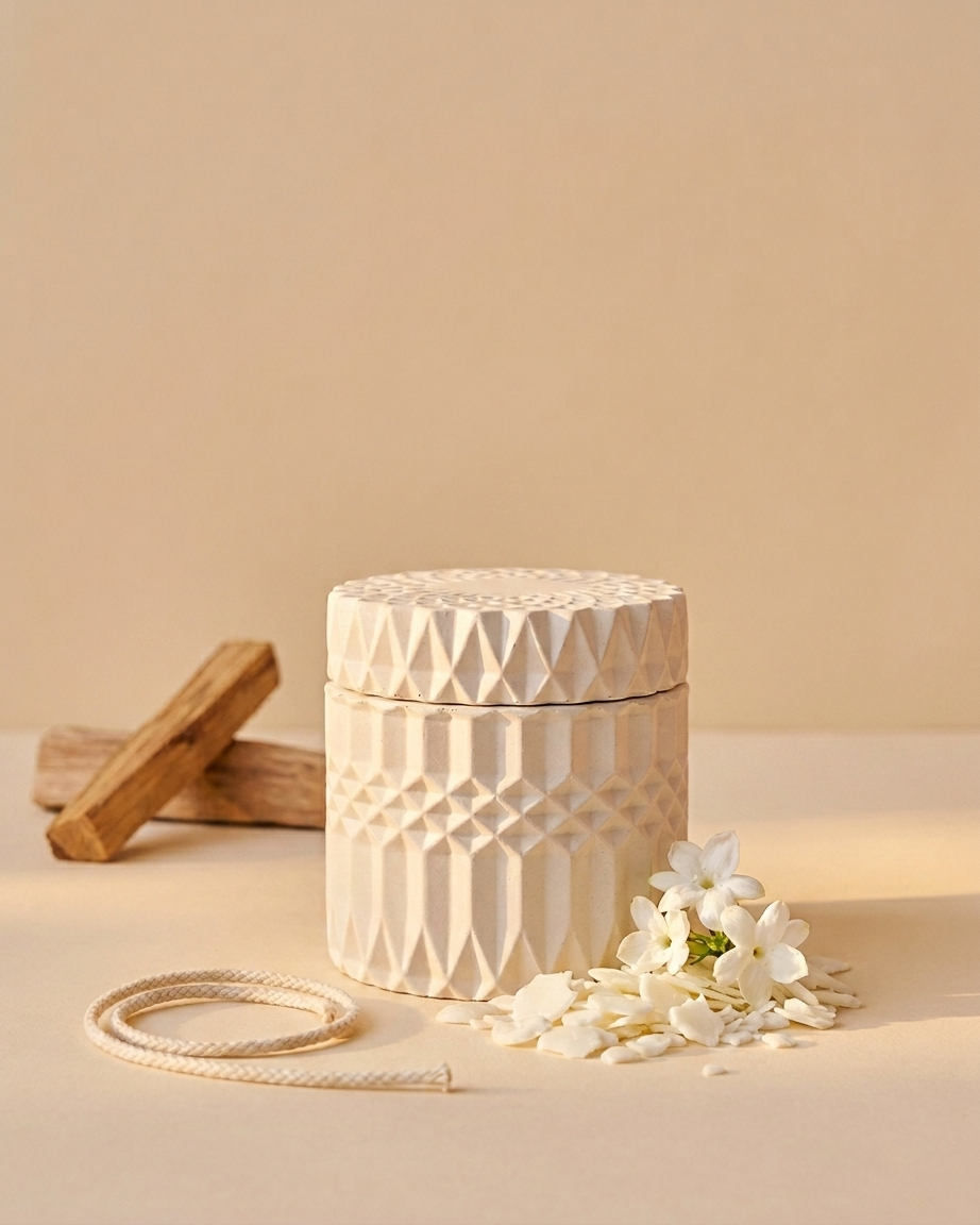 geometric modern angular concrete candle jar gypsum vessel empty with lid sealed gift ready Diwali gifting home decor India