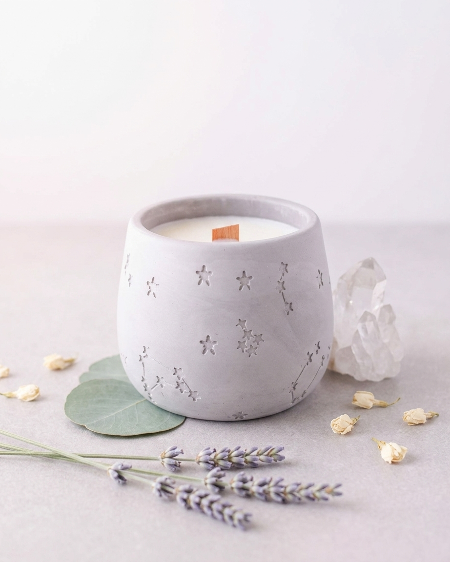 star pattern embossed concrete candle jar gypsum vessel empty with lid sealed gift ready Diwali gifting home decor India
