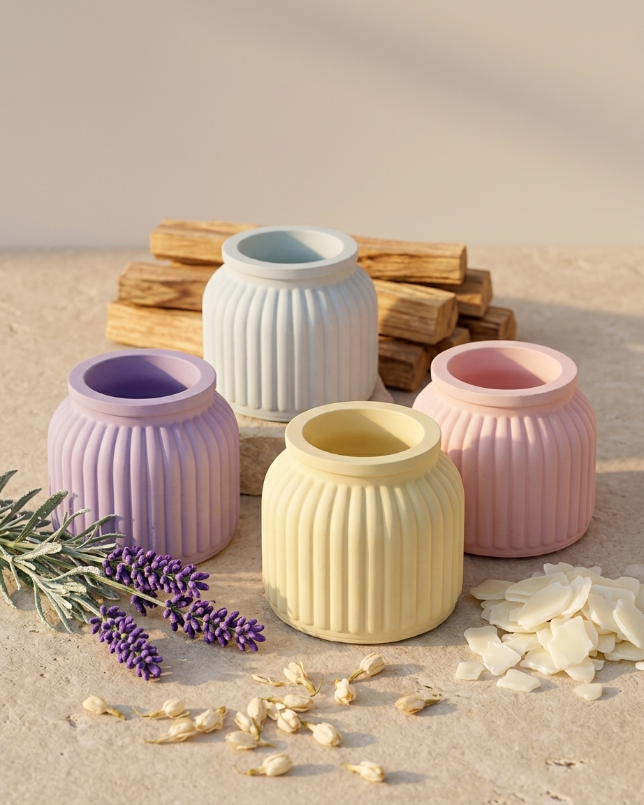 Concrete ribbed bottle pot jar for candle making India gypsum vessel DIY candle wholesale