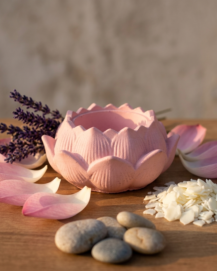 lotus flower shaped concrete candle jar gypsum vessel empty empty open vessel Diwali gifting home decor India