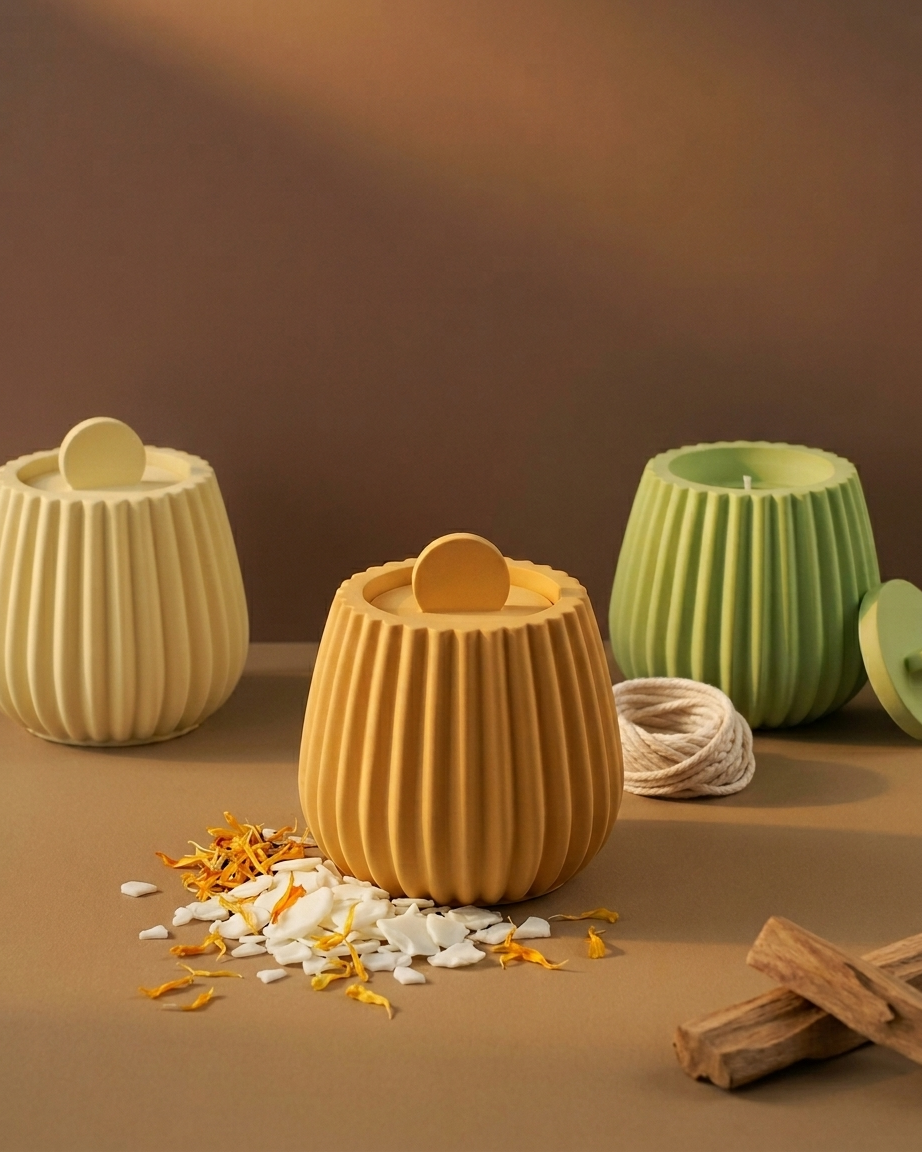 fluted bell shaped concrete candle jar gypsum vessel empty with lid sealed gift ready wedding favour corporate gifting India