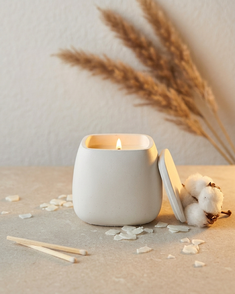 square geometric modern concrete candle jar gypsum vessel empty with lid sealed gift ready Diwali gifting home decor India