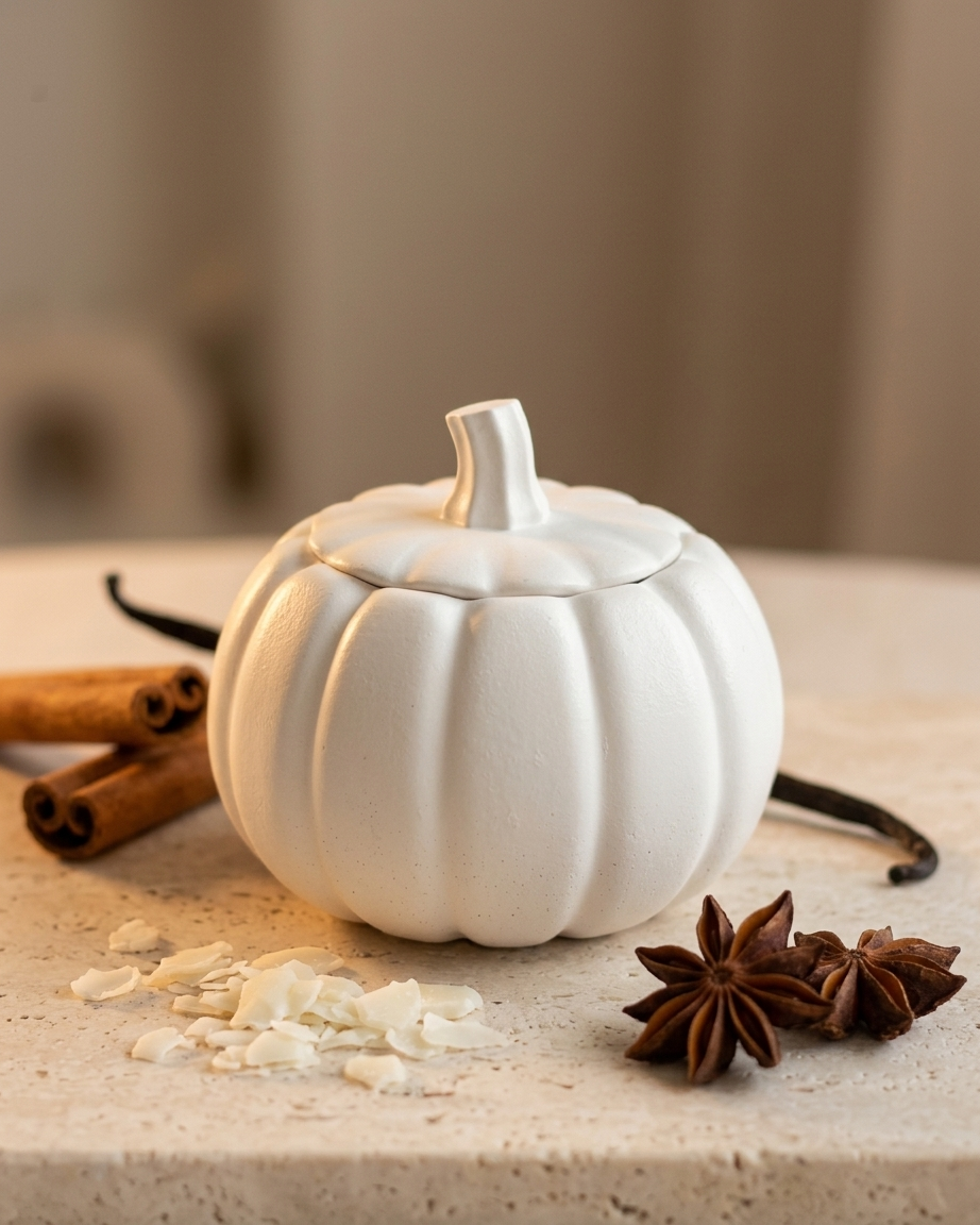 pumpkin shaped concrete candle jar gypsum vessel empty with lid sealed gift ready Diwali gifting home decor India