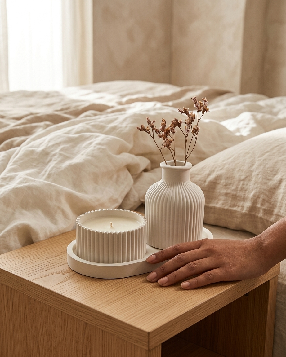 ribbed fluted concrete trinket tray jewellery organiser gypsum empty open vessel handmade artisan candle jar India