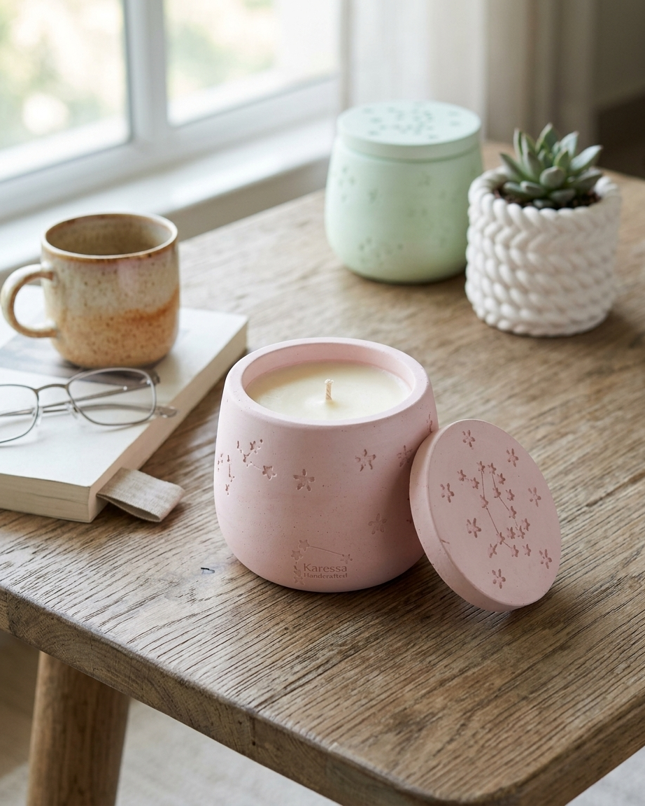 star pattern embossed concrete candle jar gypsum vessel empty with lid sealed gift ready handmade artisan candle jar India