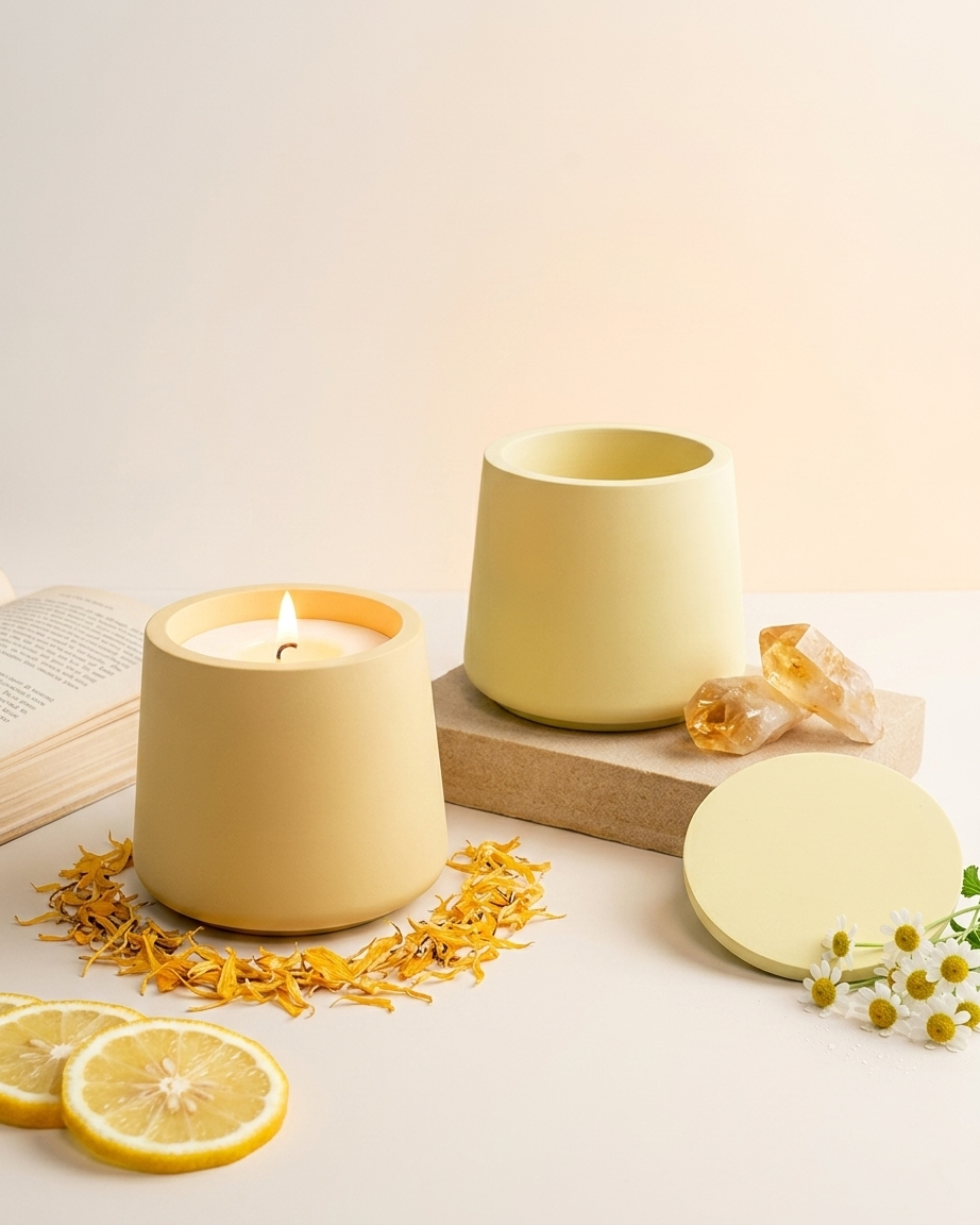 tapered cone shaped concrete candle jar gypsum vessel empty with lid sealed gift ready Diwali gifting home decor India