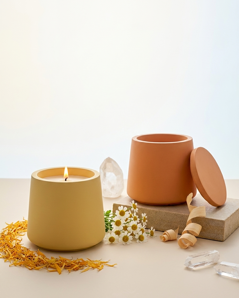 tapered cone shaped concrete candle jar gypsum vessel empty with lid sealed gift ready wedding favour corporate gifting India