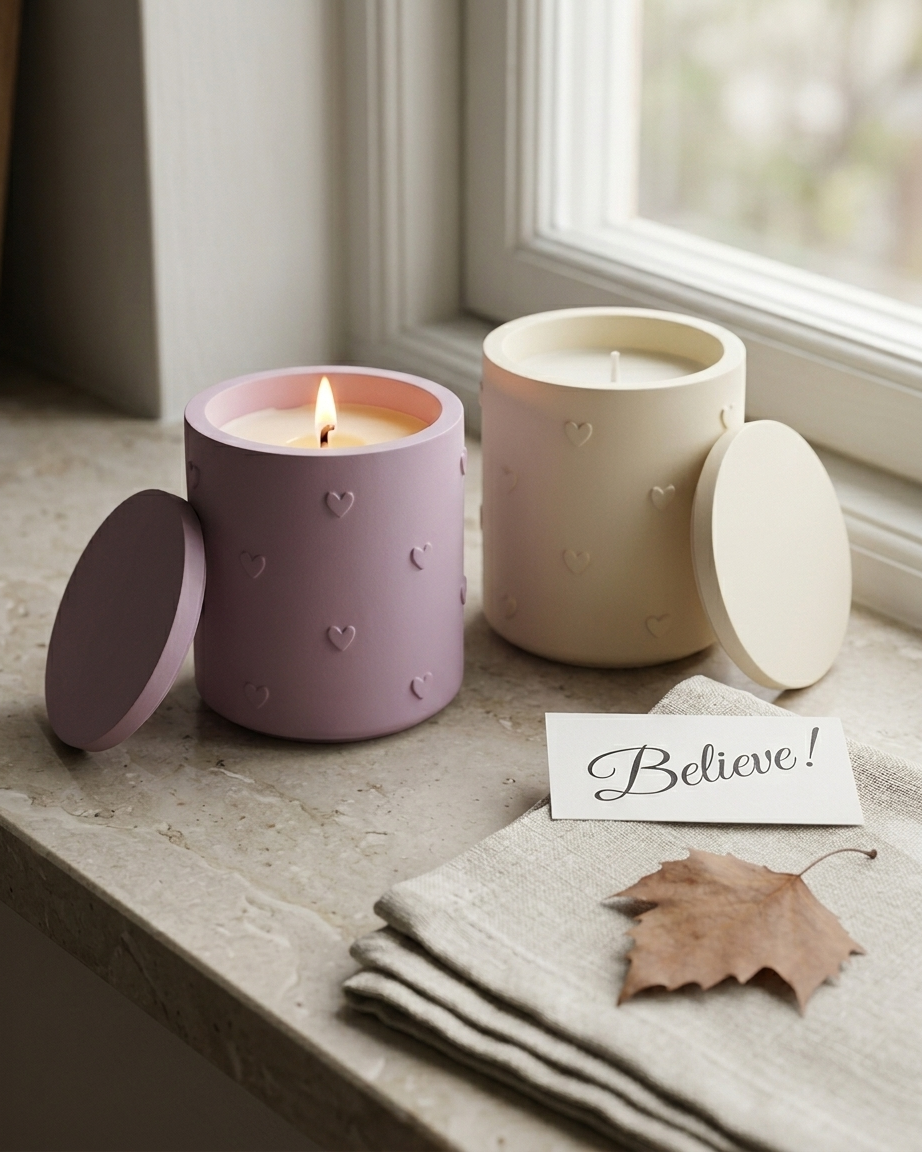 3D heart shaped concrete candle jar gypsum vessel empty with lid sealed gift ready bulk pack candle supplier Surat Gujarat