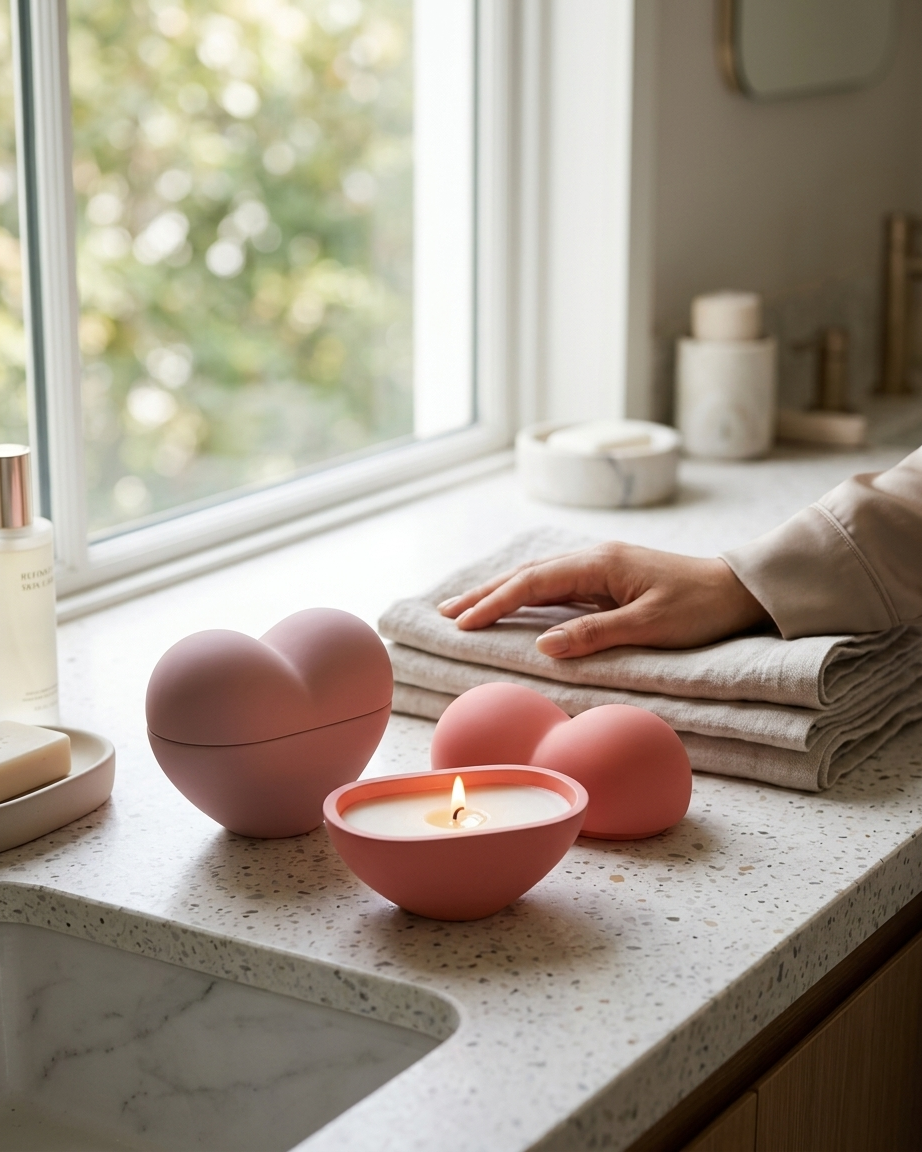 3D heart shaped concrete candle jar gypsum vessel empty with lid sealed gift ready Diwali gifting home decor India