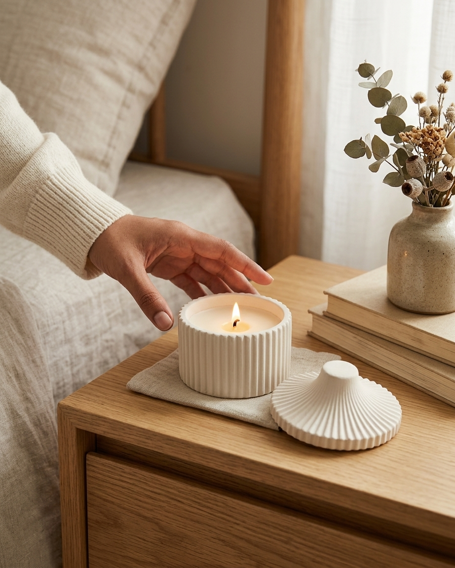 Ribbed concrete gypsum candle jar with lid India textured lidded vessel DIY soy wax wholesale
