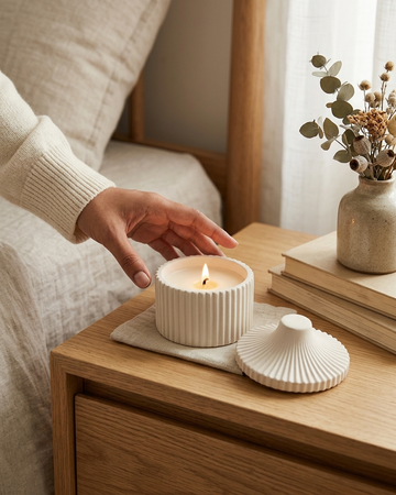 Ribbed concrete gypsum candle jar with lid India textured lidded vessel DIY soy wax wholesale