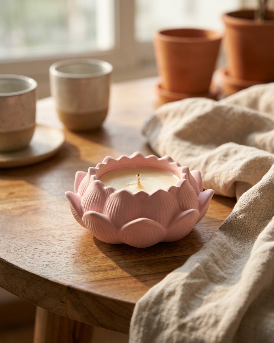 lotus flower shaped concrete candle jar gypsum vessel empty empty open vessel handmade artisan candle jar India
