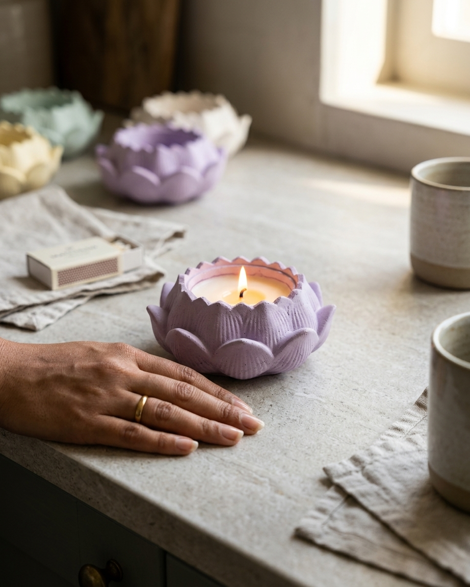 lotus flower shaped concrete candle jar gypsum vessel empty empty open vessel bulk pack candle supplier Surat Gujarat India