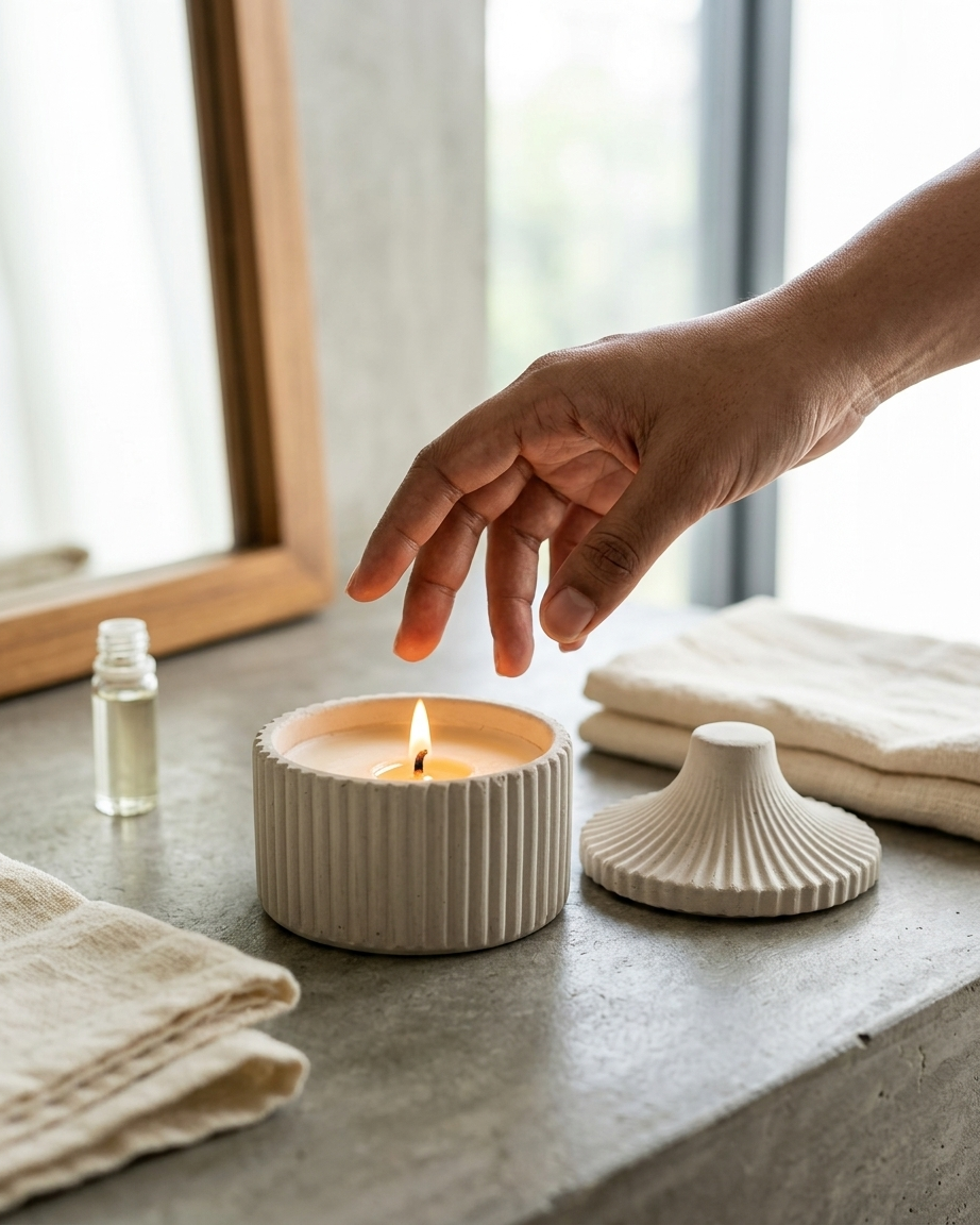 ribbed lidded covered concrete candle jar gypsum vessel empty with lid sealed gift ready wedding favour corporate gifting
