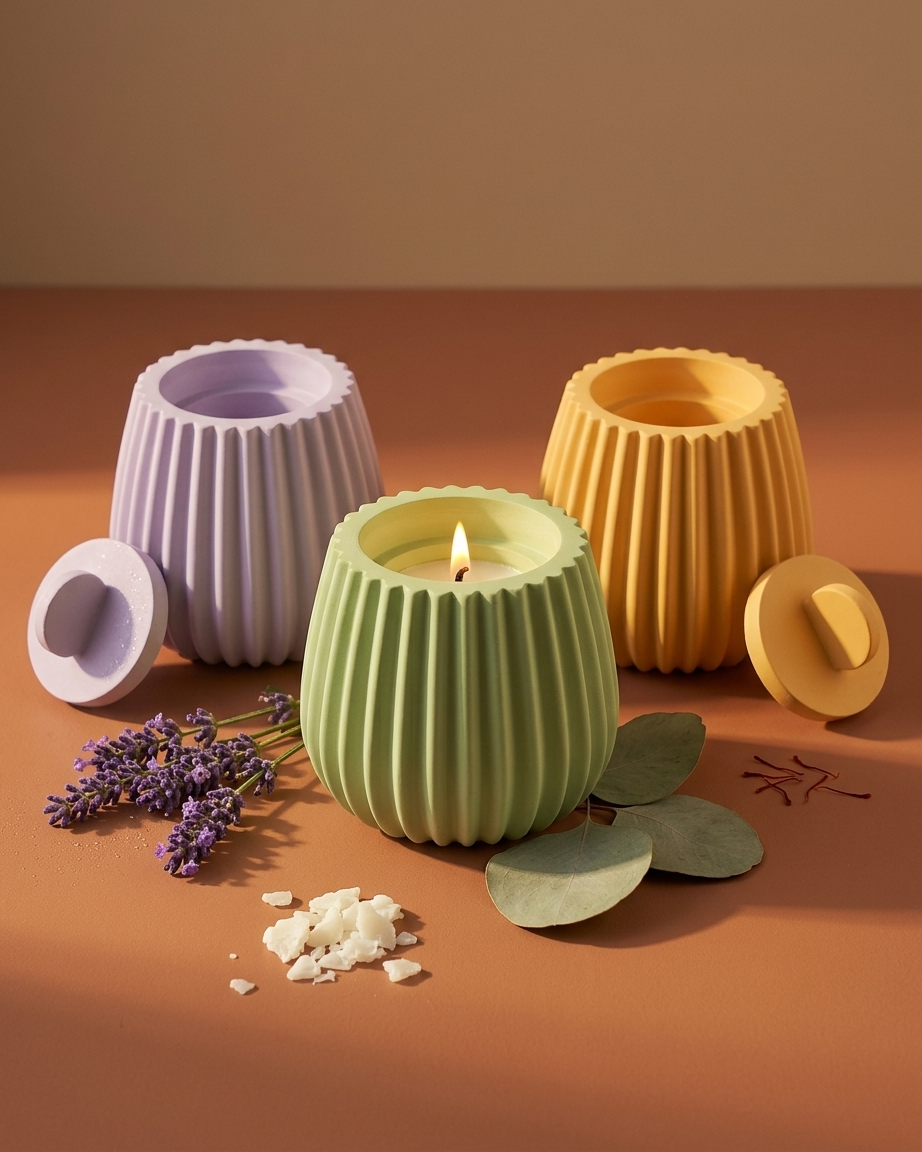 fluted bell shaped concrete candle jar gypsum vessel empty with lid sealed gift ready bulk pack candle supplier Surat