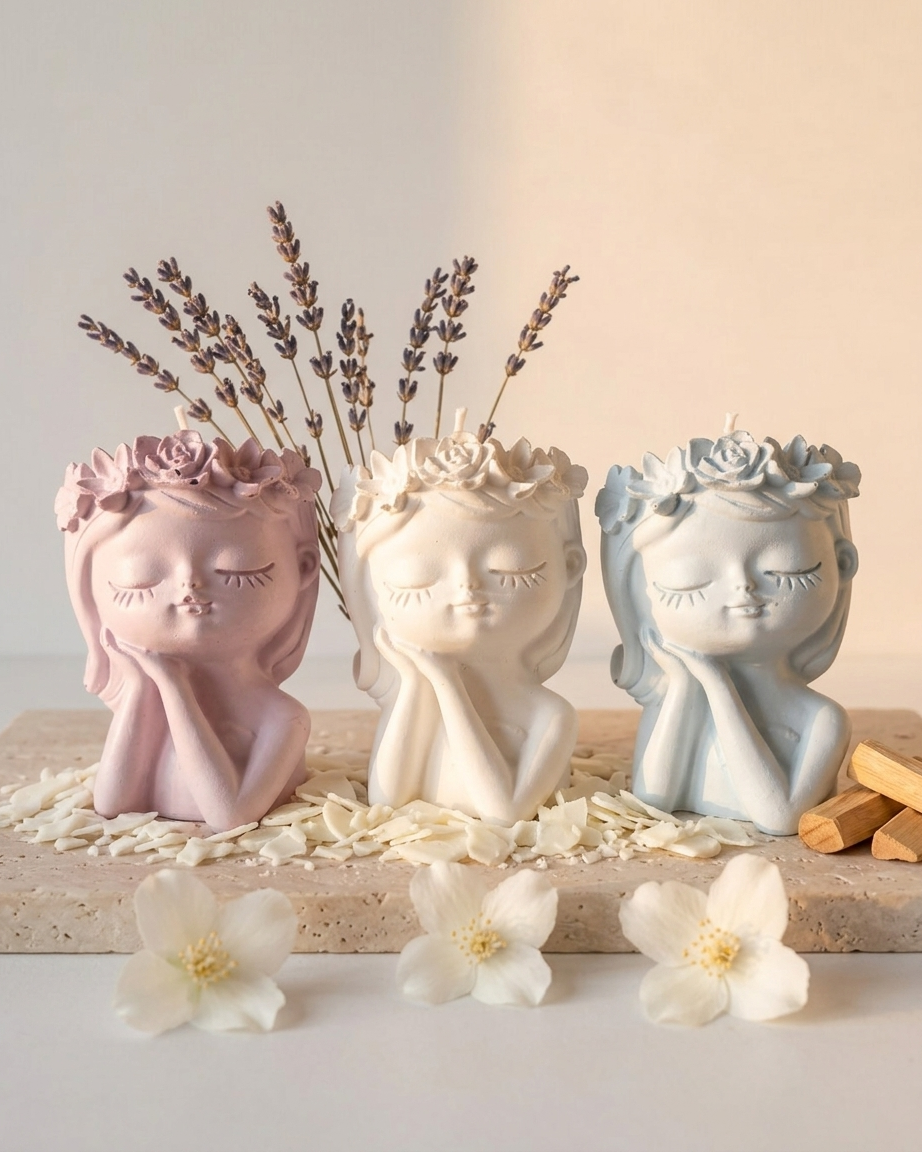 Girl face concrete gypsum candle jar India 3D artistic vessel DIY soy wax candle wholesale